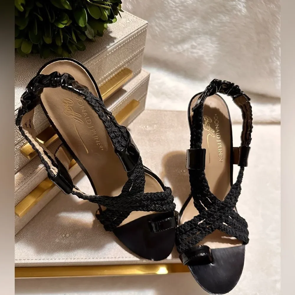 Donald J. Pliner Black Braided Leather Heeled Sandals – Size 8.5M